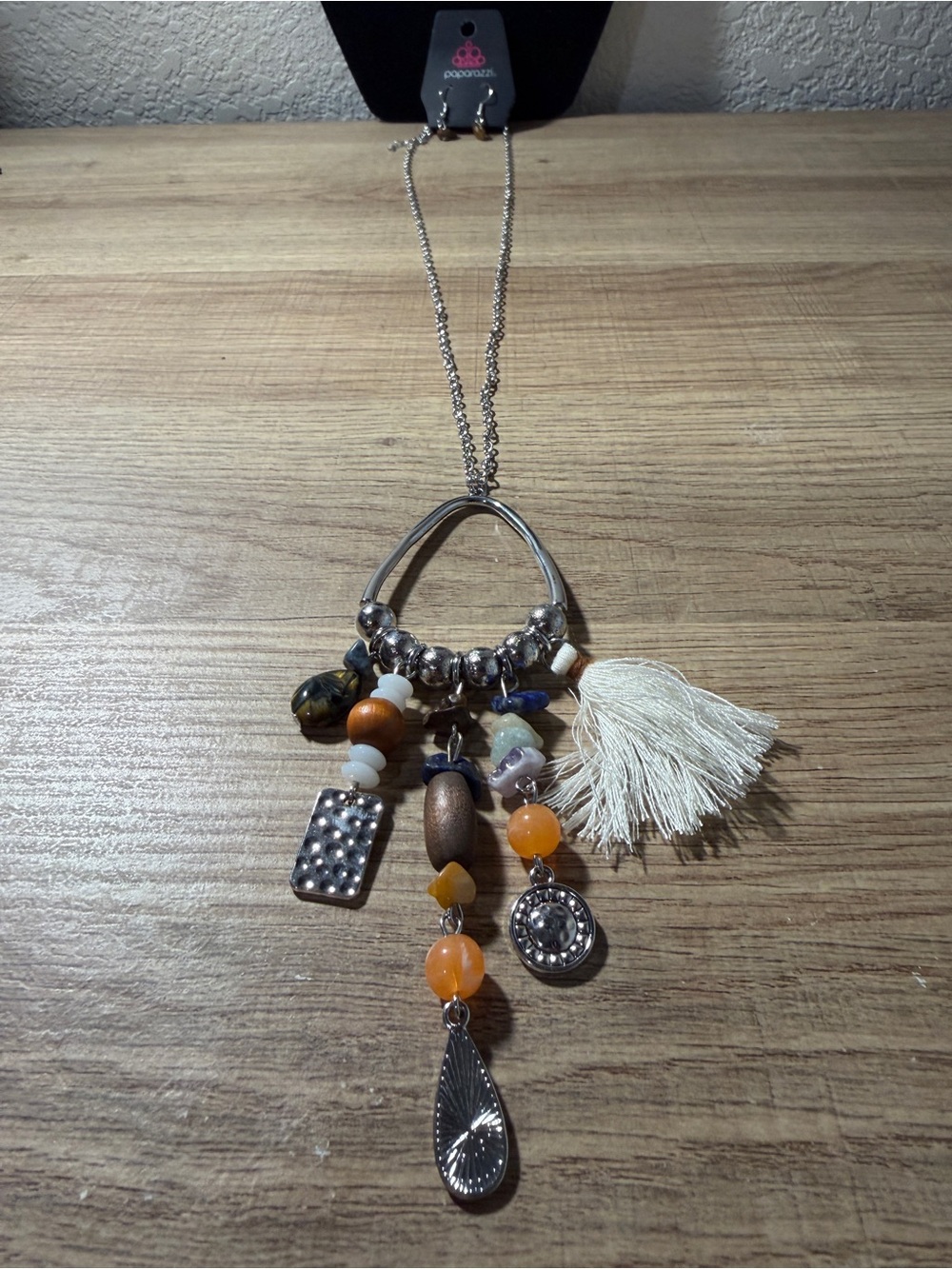 paparazzi Silver Boho Tassel Charm Necklace - Cream & Orange